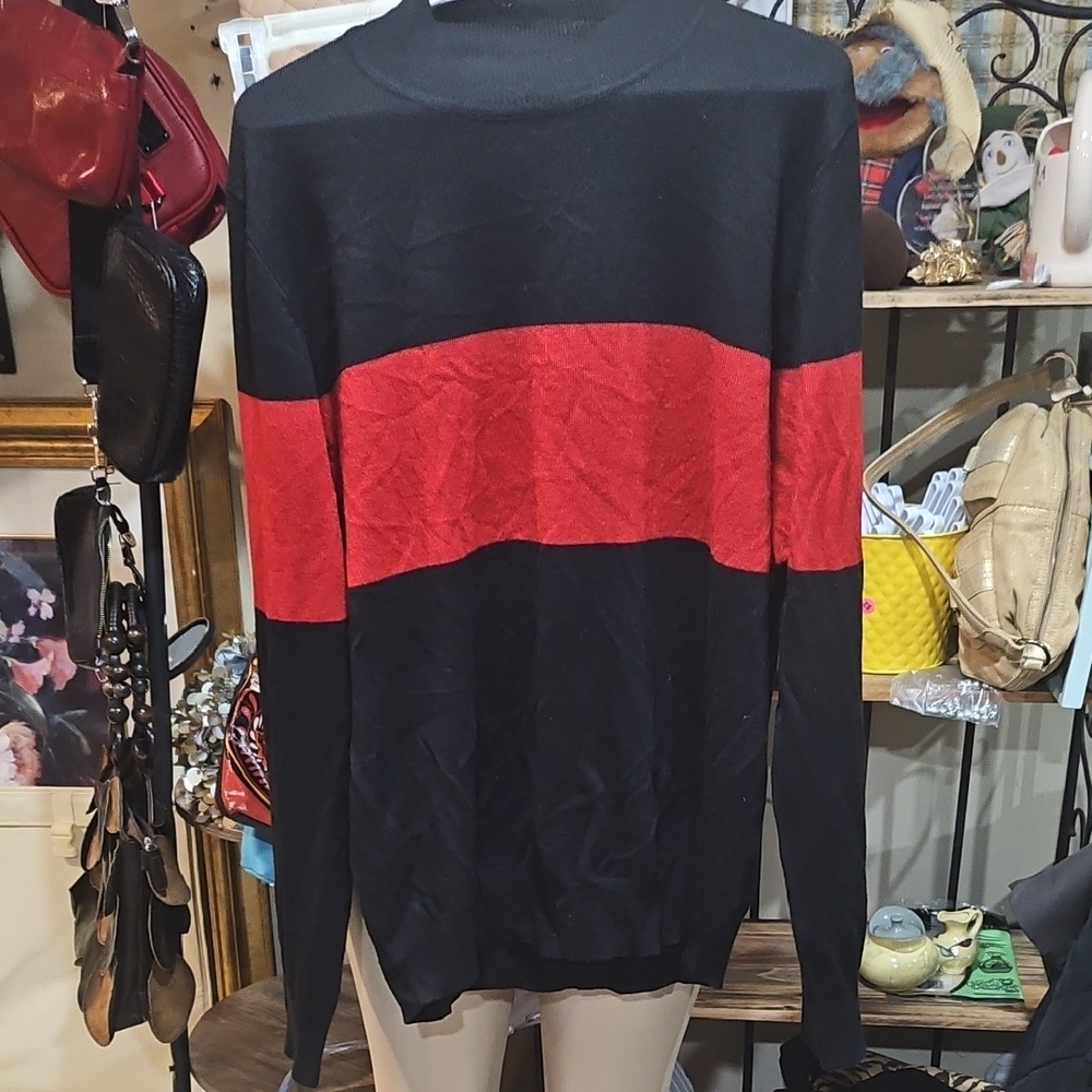 Red and Black Crewneck Sweater with Bold Color Blocks